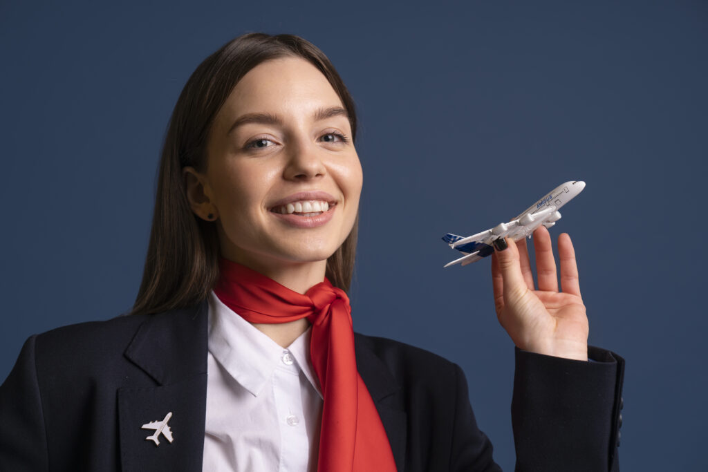 Cabin crew trainee in uniform practicing passenger greeting and safety briefing