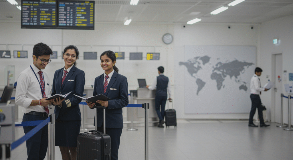 Airstar academy students in uniform at airport-style training area learning aviation and travel operations