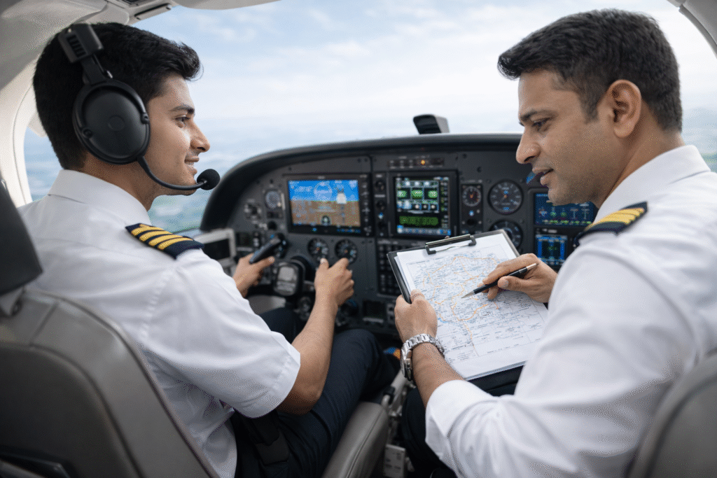Private pilot licence training with student pilot in cockpit and instructor briefing