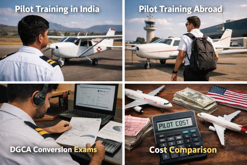 Student pilot standing near training aircraft at flying school
