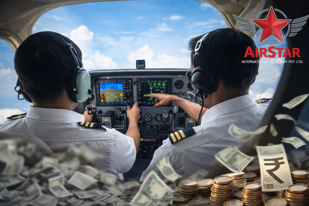 Pilot training budget planning with aviation student calculating costs and flight training roadmap